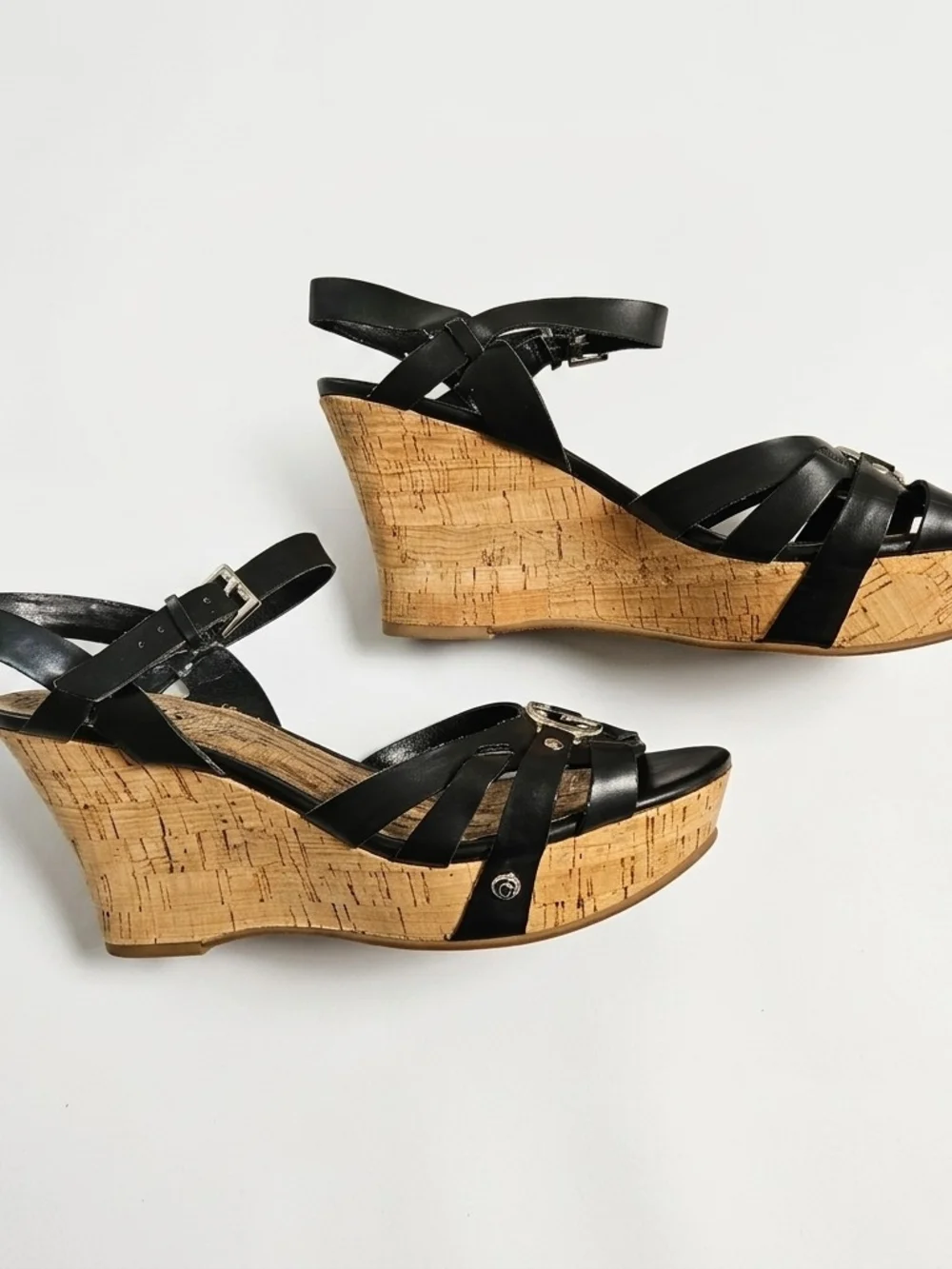 Guess Black Strappy Cork Platform Wedge Sandals Silver G Logo Size 8